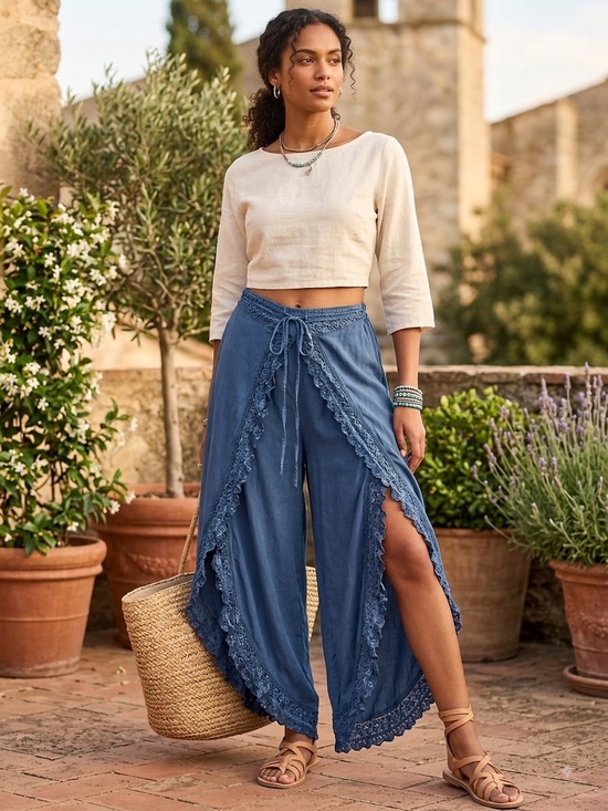 L.S.I. Pants - L.S.I. Embroidered Beaded Boho Harem Lace Front Wide Leg Culotte Pants 1X/2X